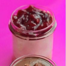 Halva cheesecake with cherries in a jar