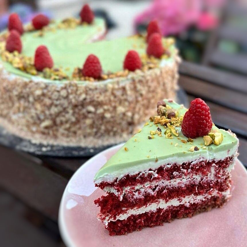 Pistachio Layer Cake with Raspberry